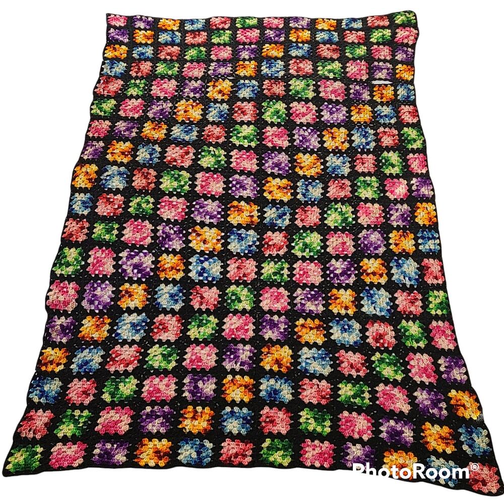 MCM Vintage black multicolor granny square sofa throw 48x81 - Picture 3 of 5